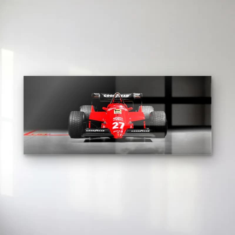 Klasik Ferrari 27 Numara F1 cam tablo — Siyah fon önünde 27 numaralı kırmızı klasik Ferrari Formula 1 aracı