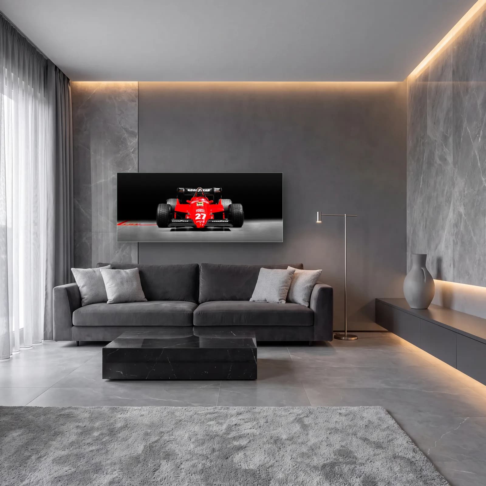 Klasik Ferrari 27 Numara F1 cam tablo — lüks salon duvarında