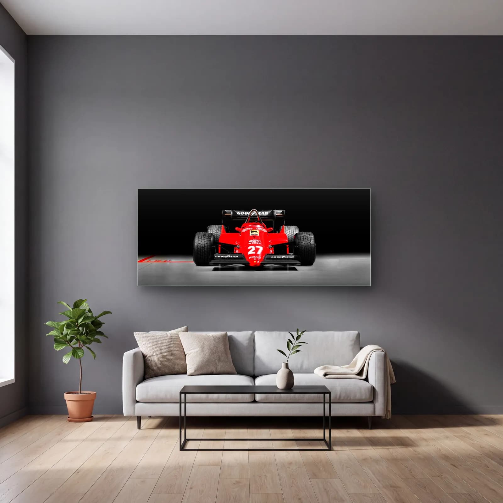 Klasik Ferrari 27 Numara F1 cam tablo — gri duvarlı salonda