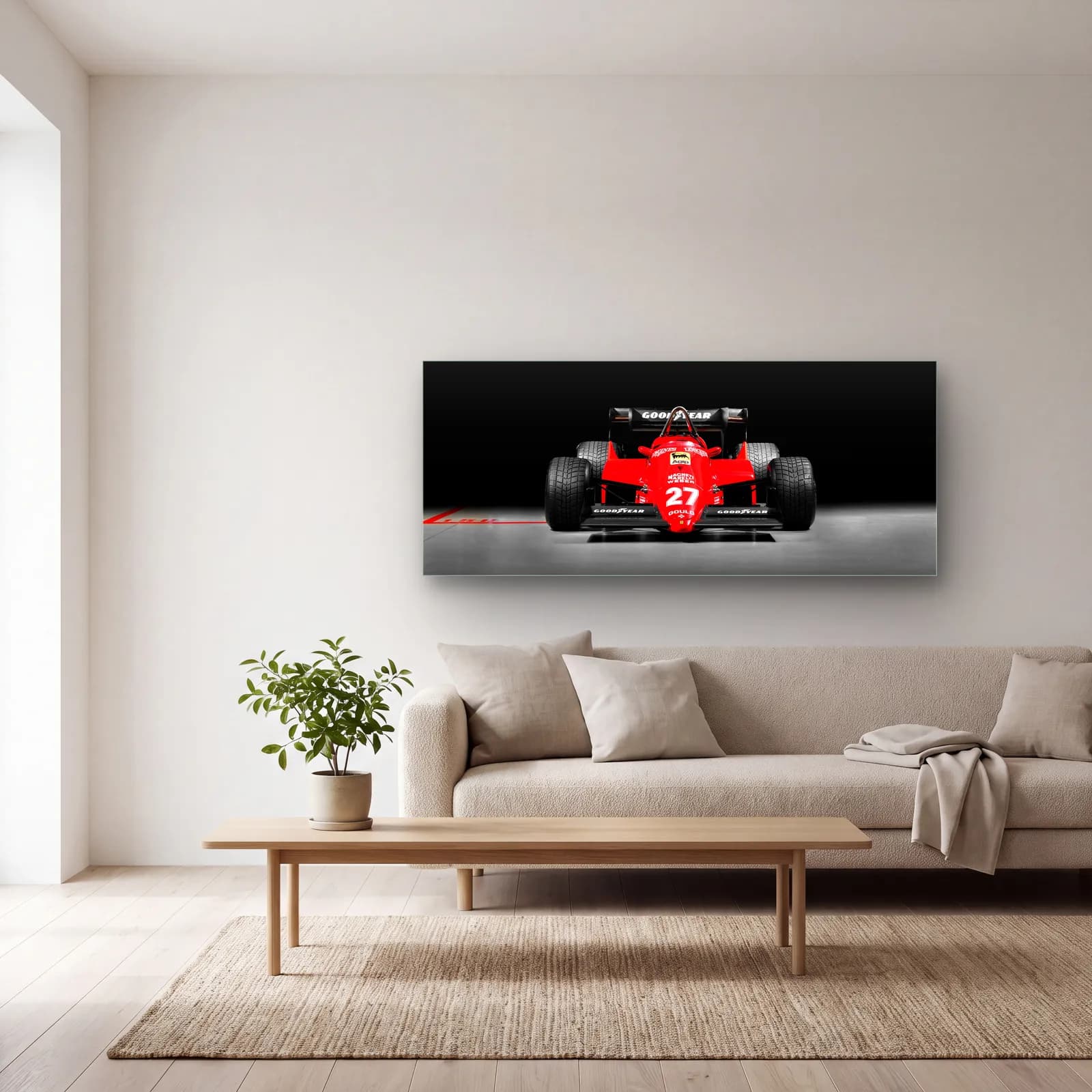 Klasik Ferrari 27 Numara F1 cam tablo — açık renk salonda