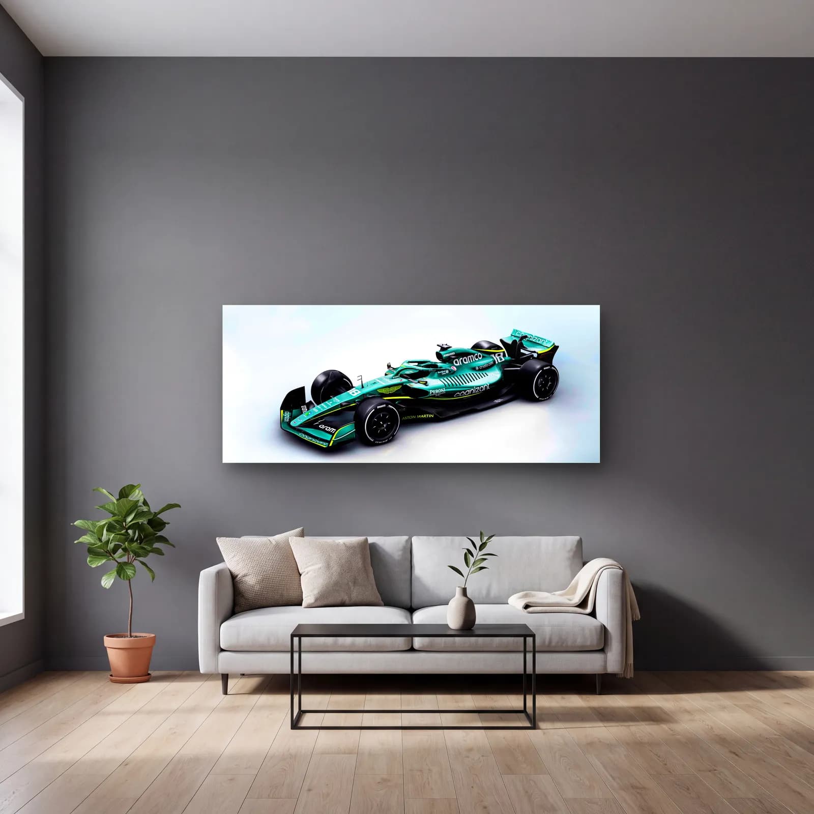 Aston Martin F1 Çapraz Açı cam tablo — gri duvarlı salonda