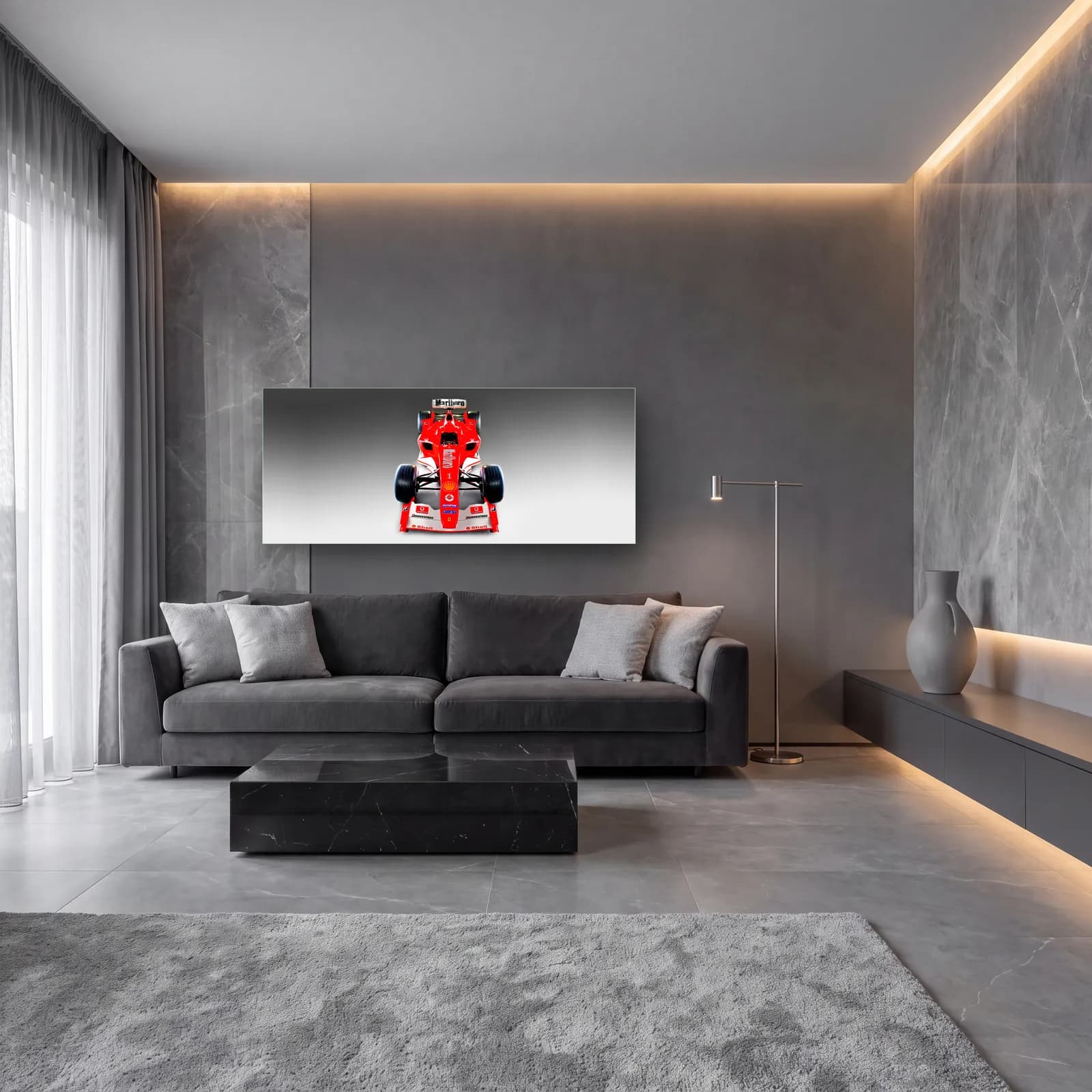 Kırmızı Beyaz Ferrari F1 Önden cam tablo — lüks salon duvarında