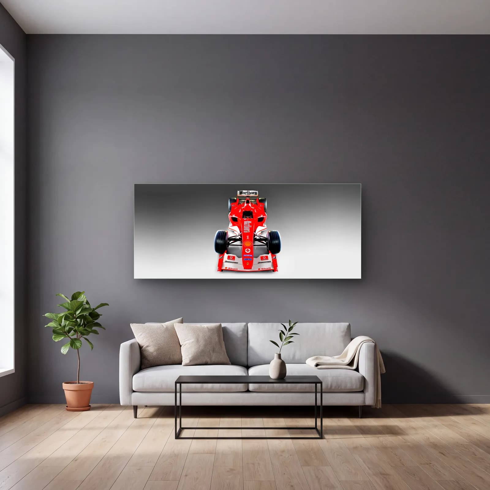 Kırmızı Beyaz Ferrari F1 Önden cam tablo — gri duvarlı salonda