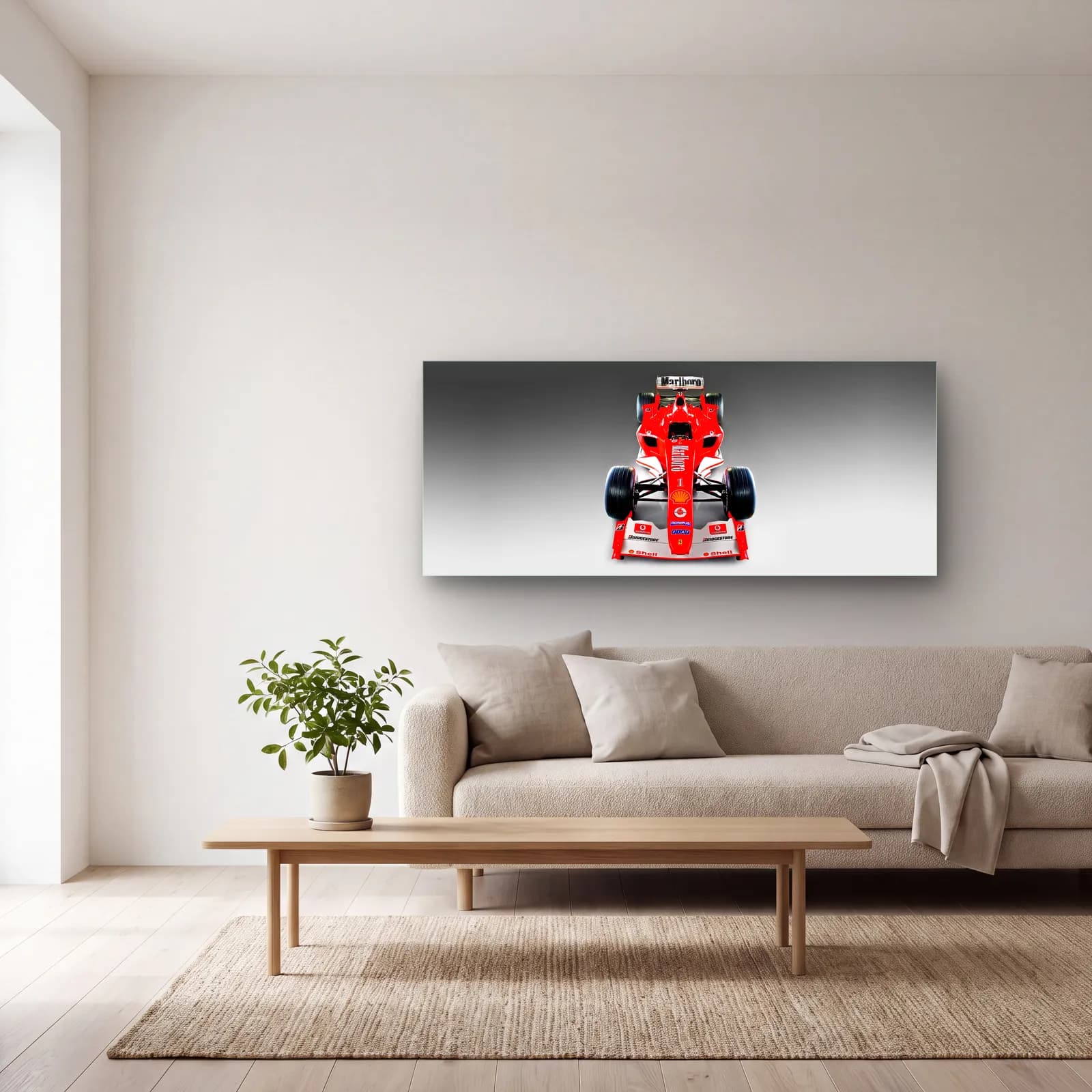 Kırmızı Beyaz Ferrari F1 Önden cam tablo — açık renk salonda