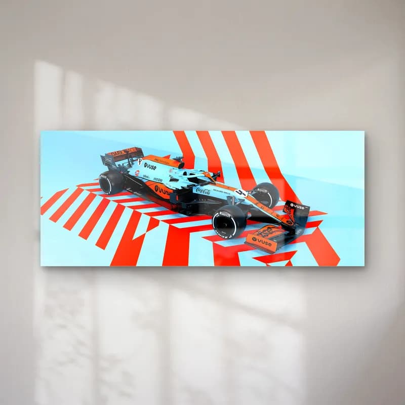 McLaren Gulf Renkleri F1 cam tablo — Kırmızı çizgili açık mavi zeminde açık mavi turuncu McLaren Formula 1 aracı