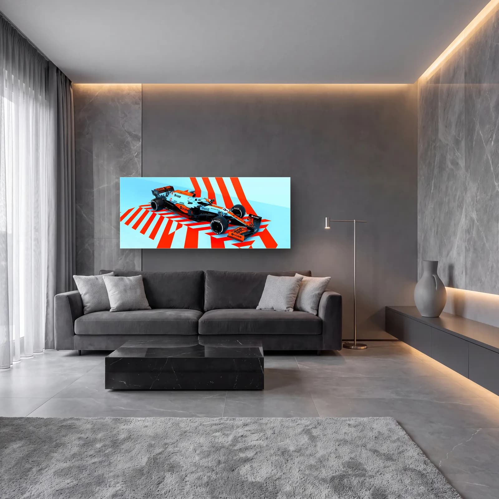McLaren Gulf Renkleri F1 cam tablo — lüks salon duvarında