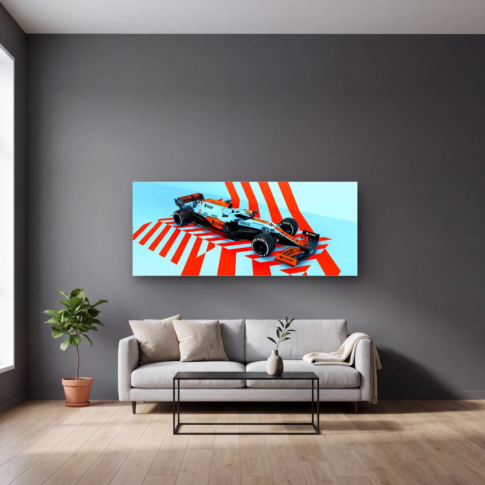 McLaren Gulf Renkleri F1 cam tablo — gri duvarlı salonda