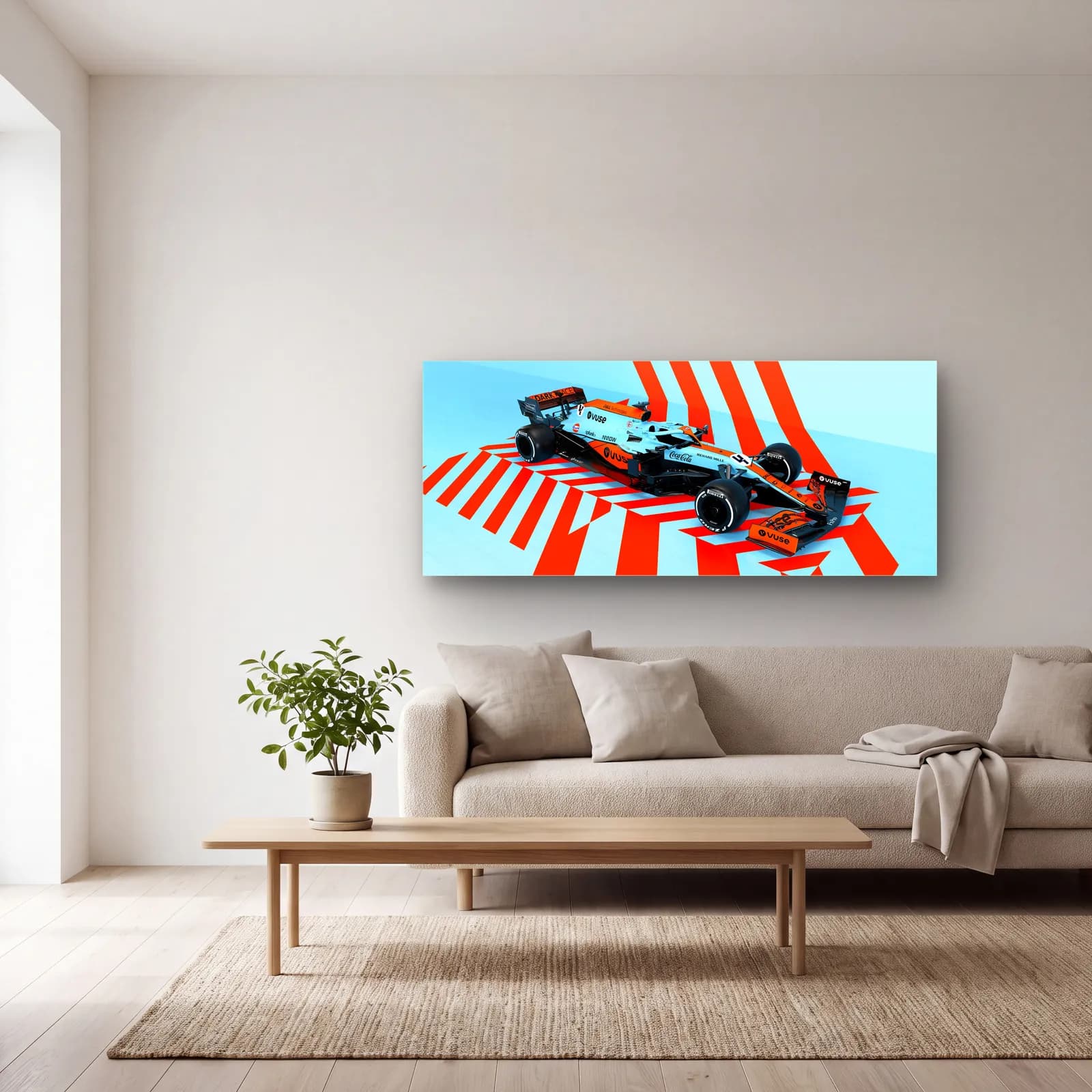 McLaren Gulf Renkleri F1 cam tablo — açık renk salonda