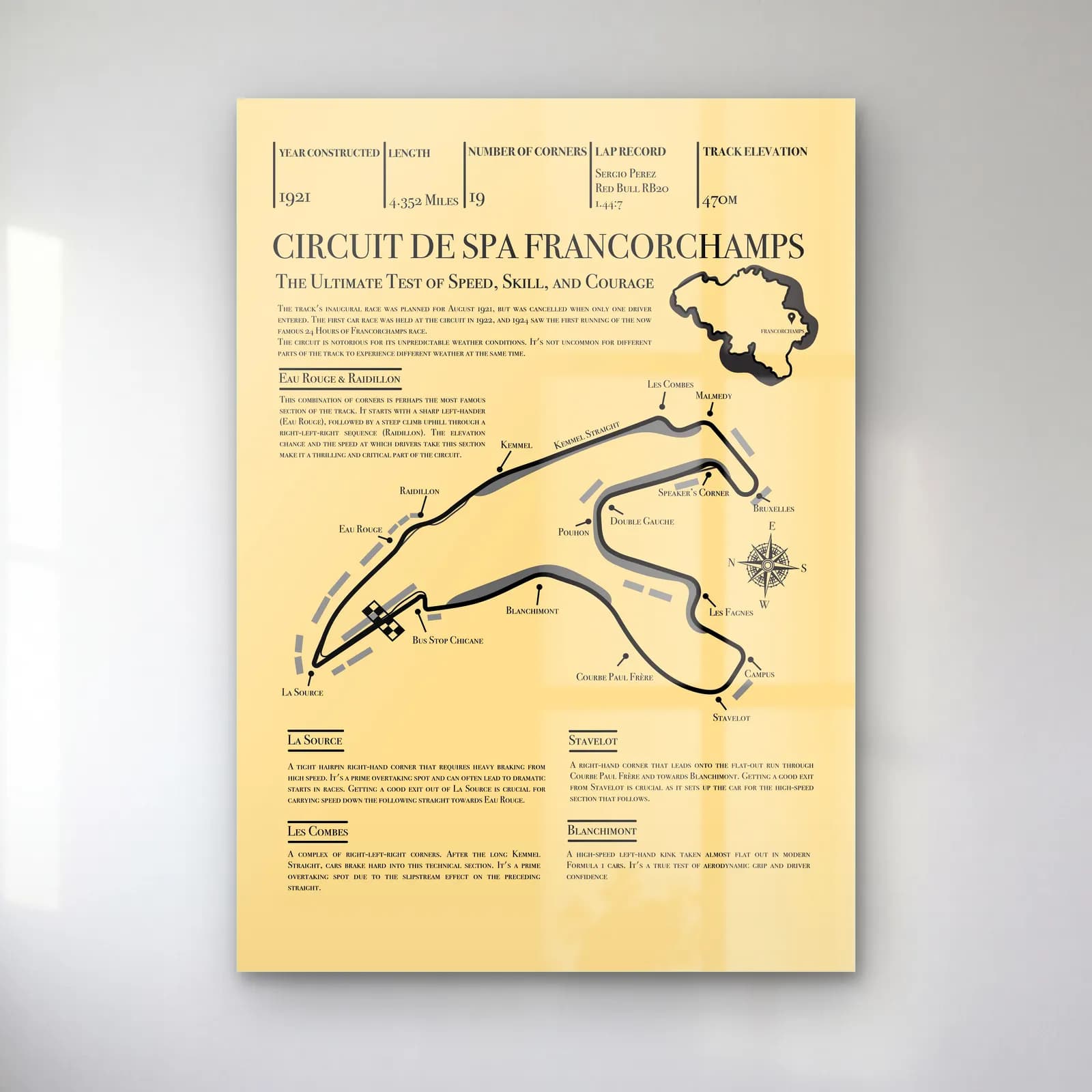 Vintage Spa Francorchamps Pisti cam tablo — Krem zemin üzerinde Spa-Francorchamps pist haritası ve bilgi notları