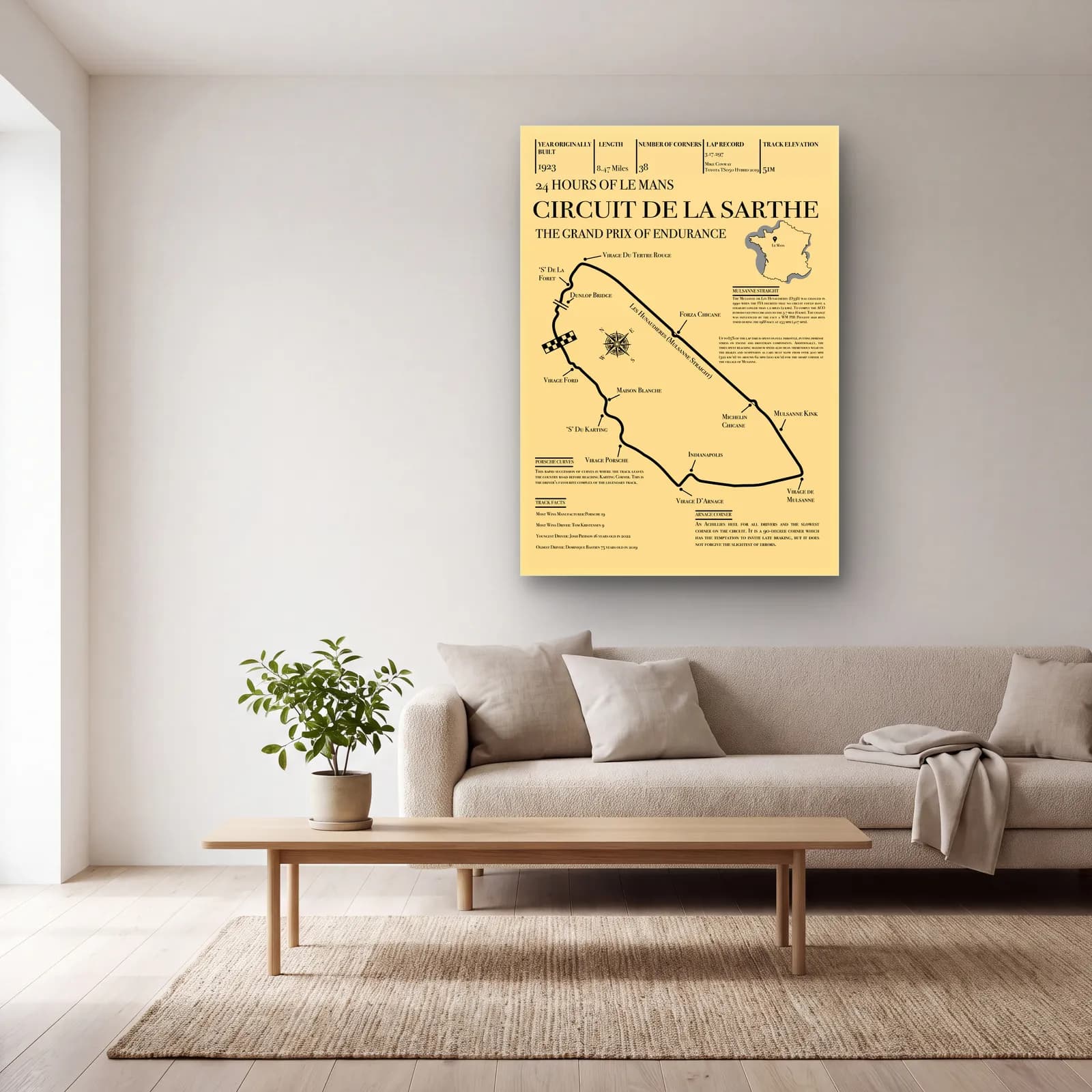 Vintage Le Mans Sarthe Pisti cam tablo — açık renk salonda