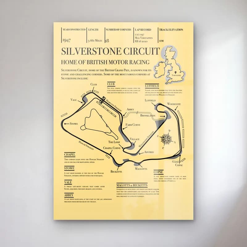 Vintage Silverstone Pisti cam tablo — Krem zemin üzerinde Silverstone pist haritası ve İngiltere silueti