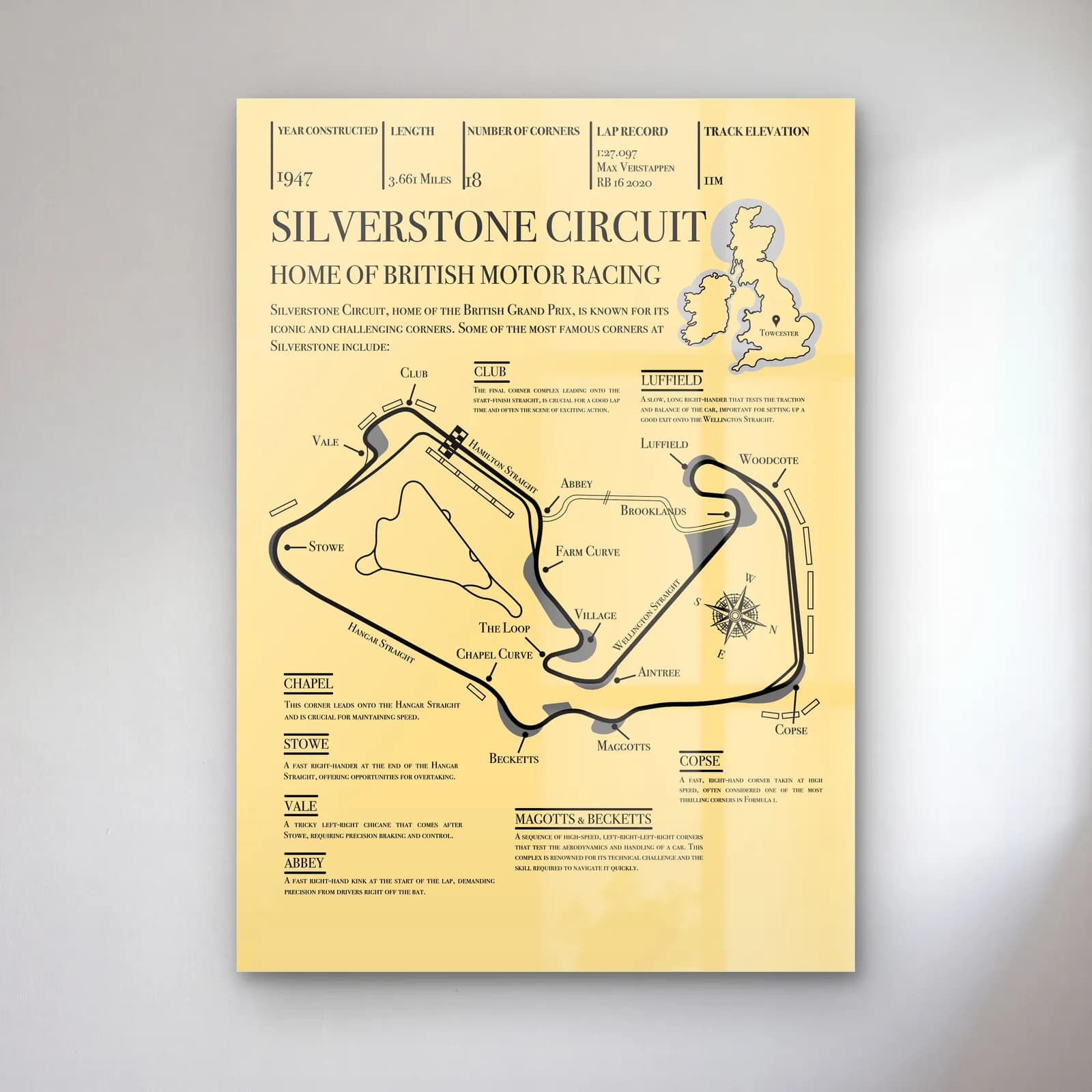 Vintage Silverstone Pisti cam tablo — Krem zemin üzerinde Silverstone pist haritası ve İngiltere silueti