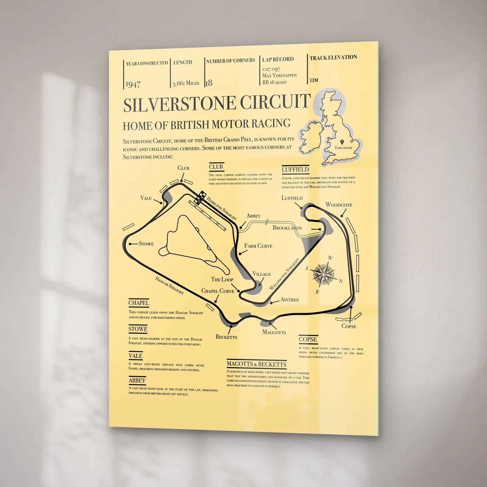 Vintage Silverstone Pisti cam tablo — sağ açıdan görünüm