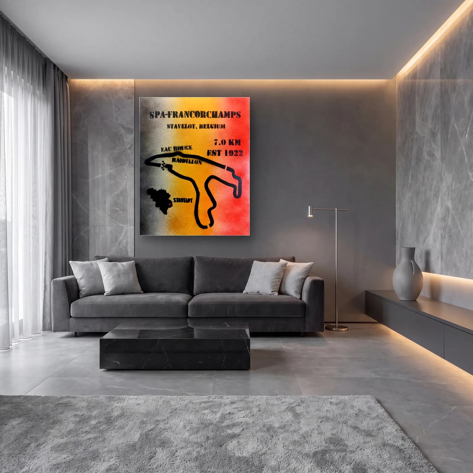 Grafiti Spa Francorchamps Pisti cam tablo — lüks salon duvarında