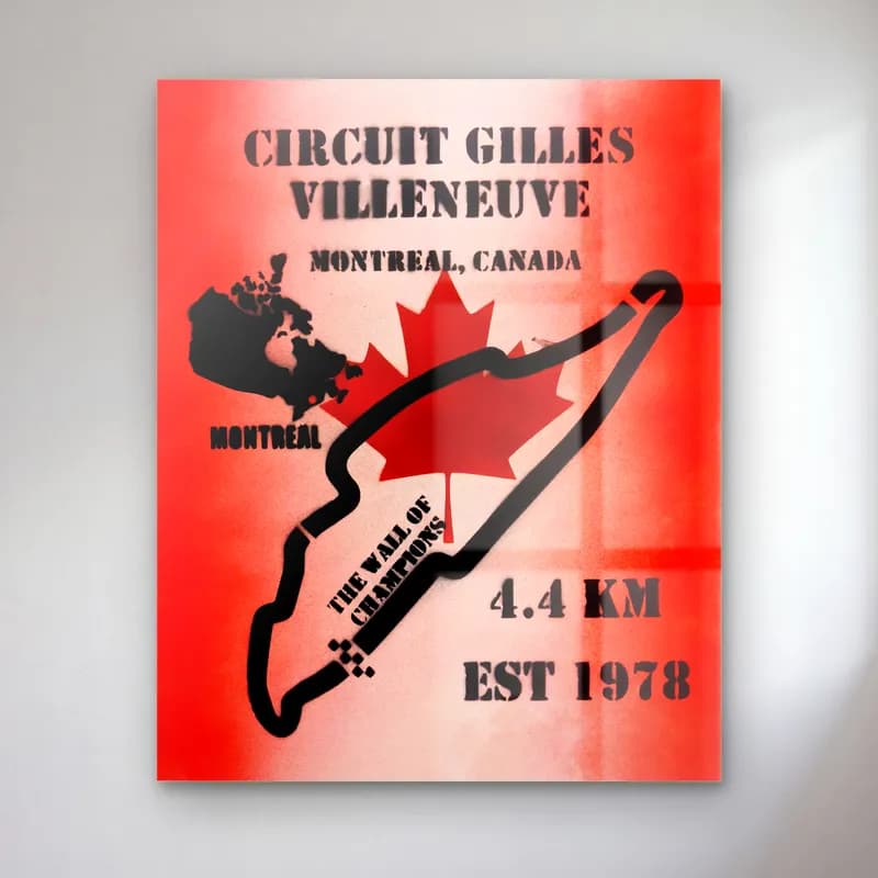 Grafiti Gilles Villeneuve Pisti cam tablo — Kırmızı akçaağaç yaprağı üzerinde siyah Circuit Gilles Villeneuve pist çizimi