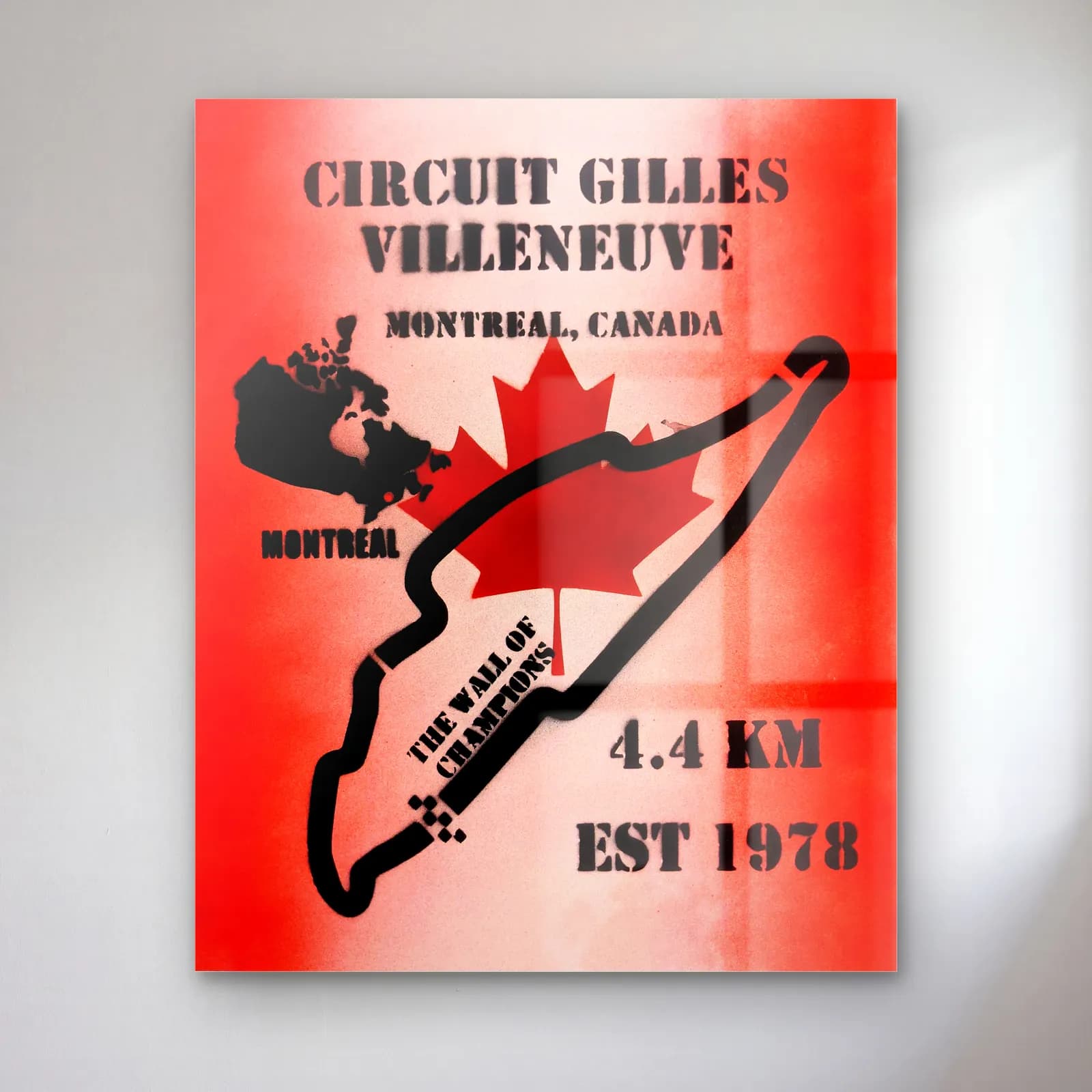 Grafiti Gilles Villeneuve Pisti cam tablo — Kırmızı akçaağaç yaprağı üzerinde siyah Circuit Gilles Villeneuve pist çizimi