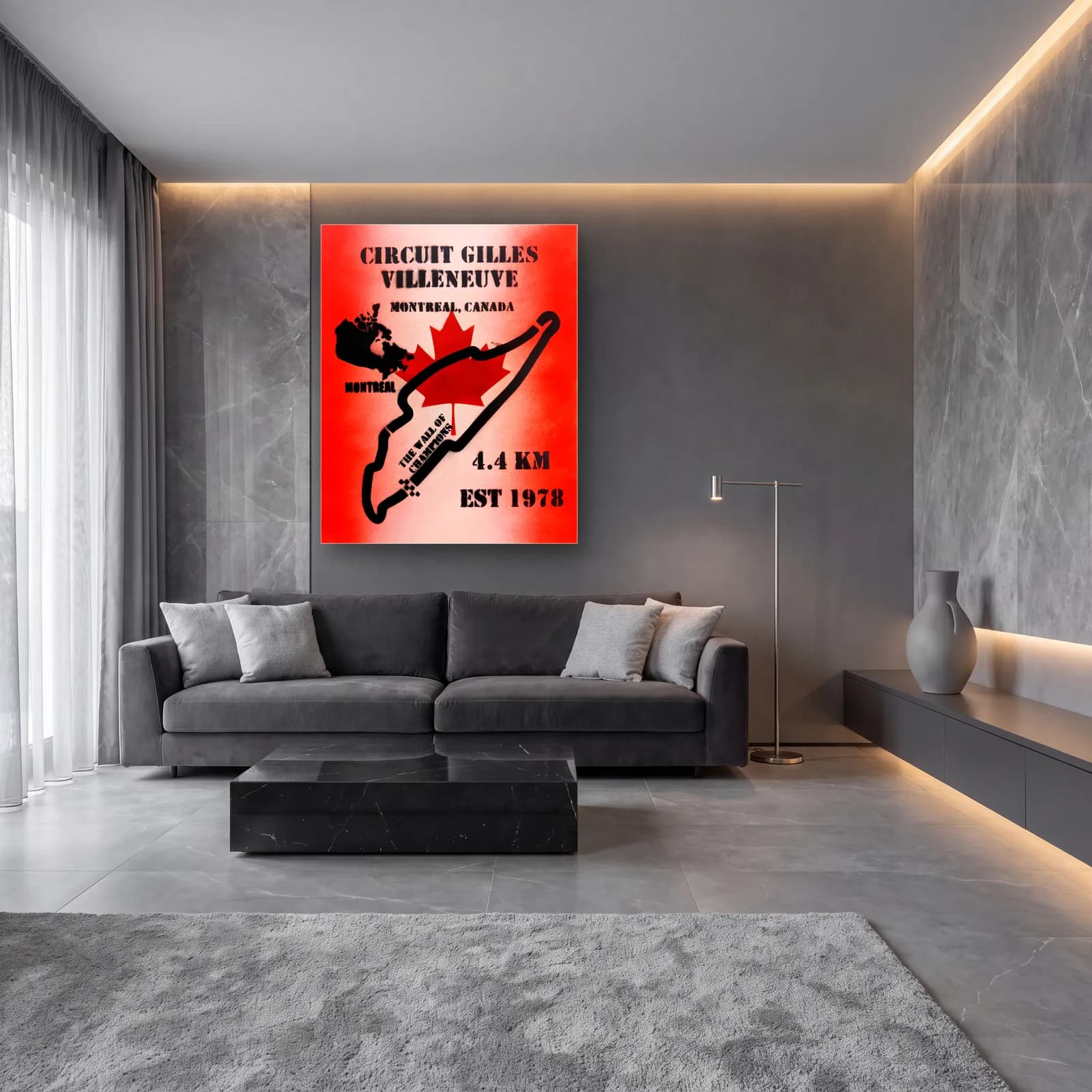 Grafiti Gilles Villeneuve Pisti cam tablo — lüks salon duvarında