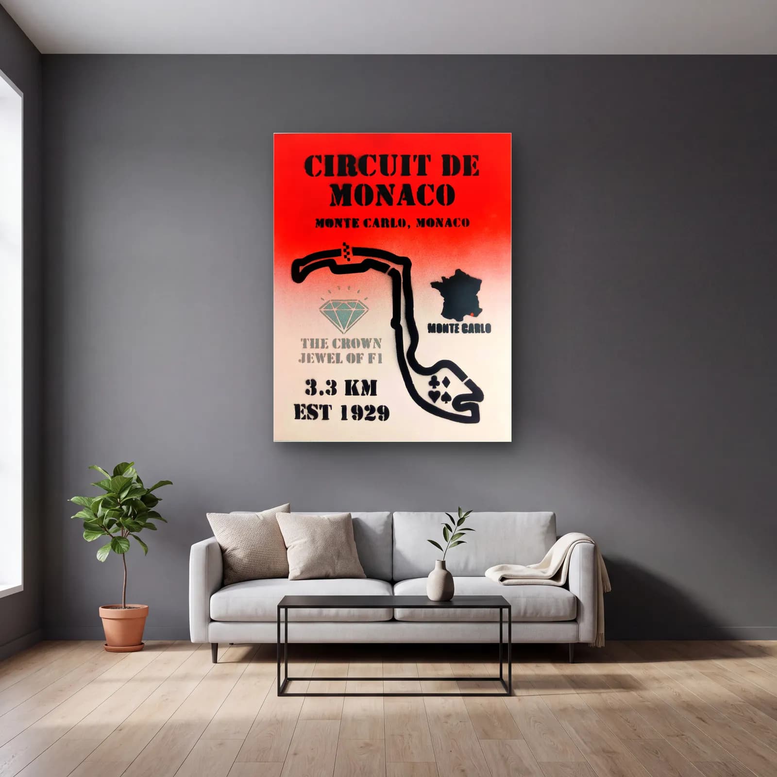 Grafiti Circuit De Monaco cam tablo — gri duvarlı salonda