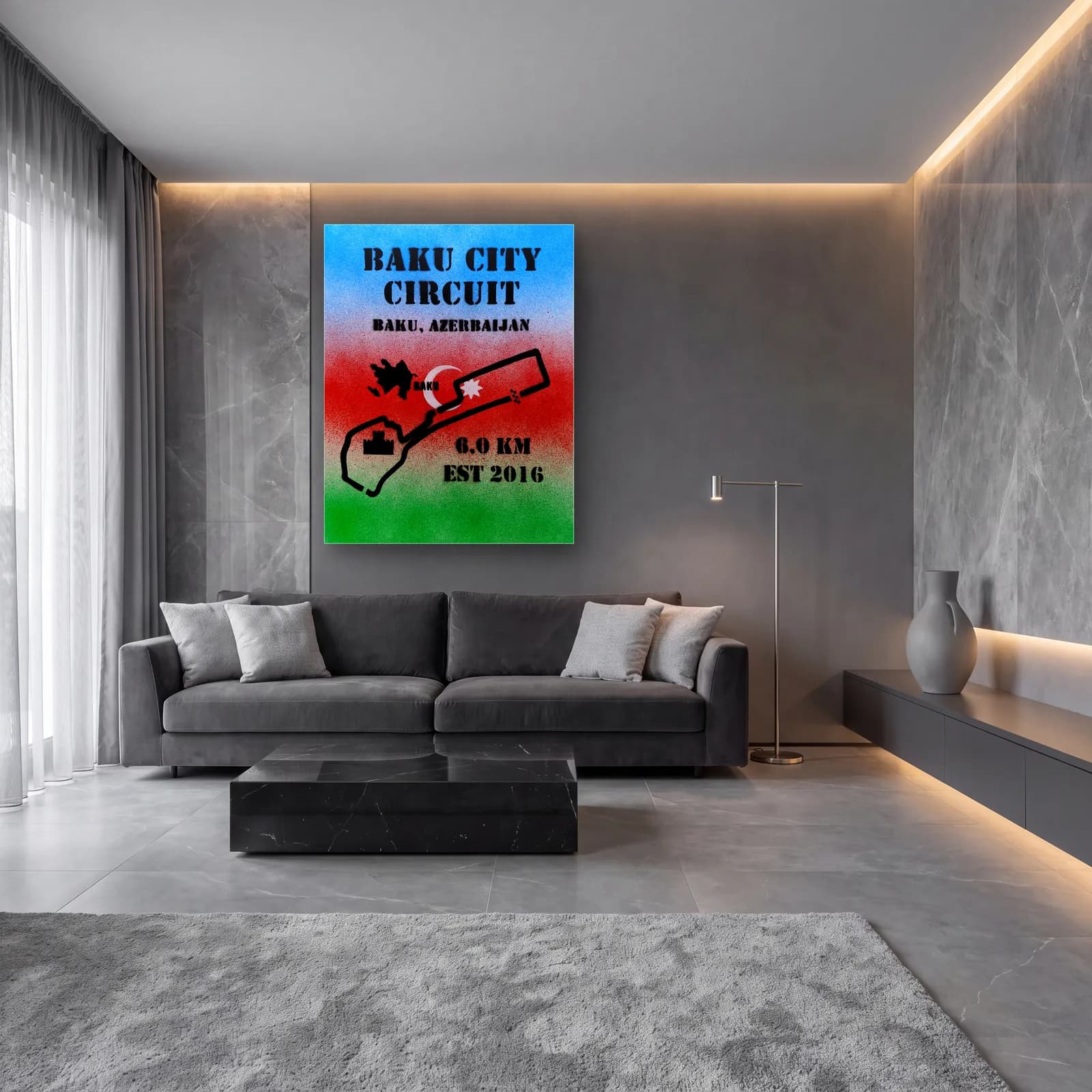 Grafiti Baku City Circuit cam tablo — lüks salon duvarında
