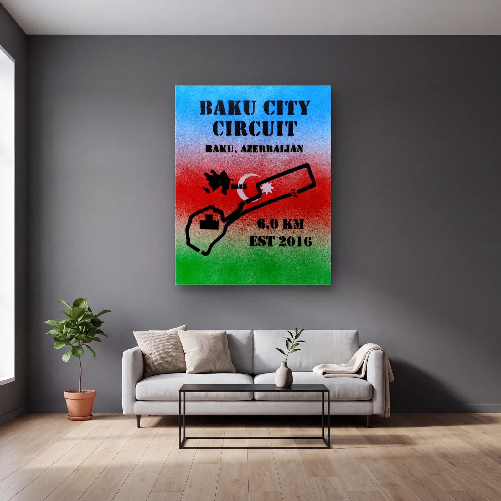 Grafiti Baku City Circuit cam tablo — gri duvarlı salonda