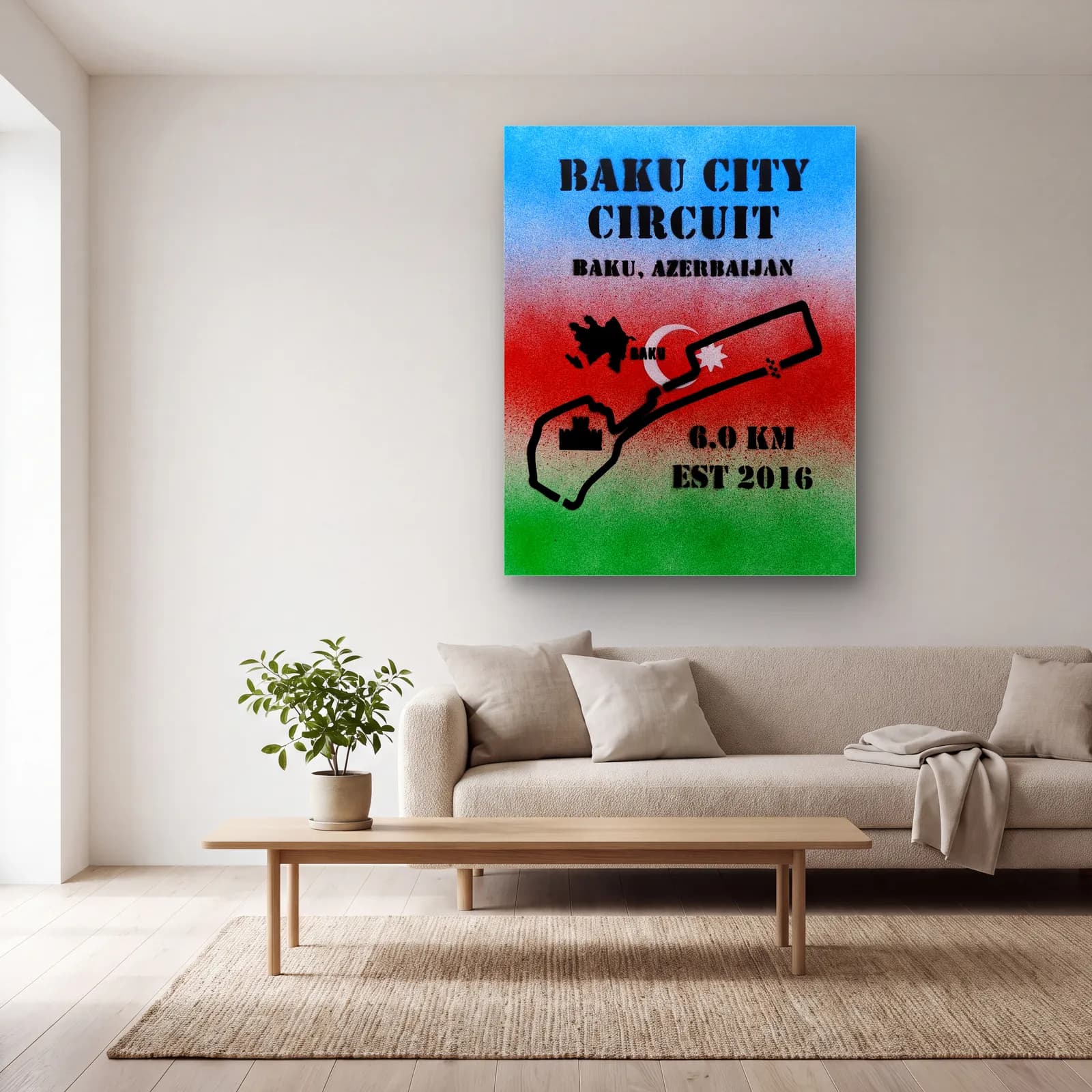 Grafiti Baku City Circuit cam tablo — açık renk salonda