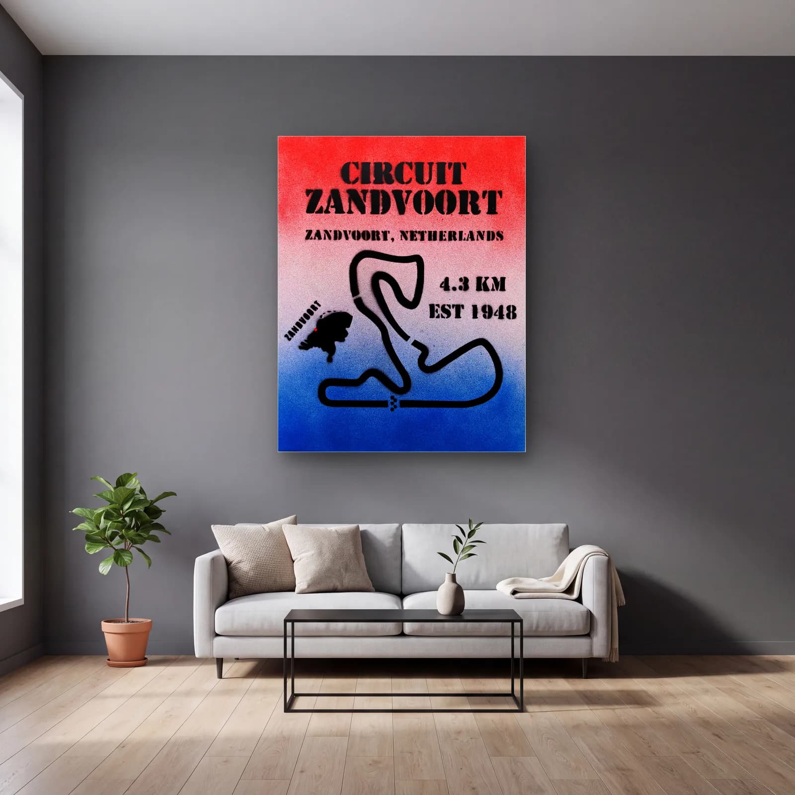 Grafiti Circuit Zandvoort cam tablo — gri duvarlı salonda