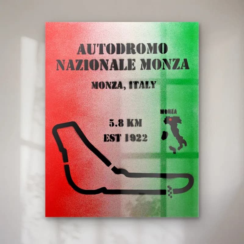 Grafiti Autodromo Monza cam tablo — Yeşil beyaz kırmızı sprey boya zeminde siyah Monza pist çizimi