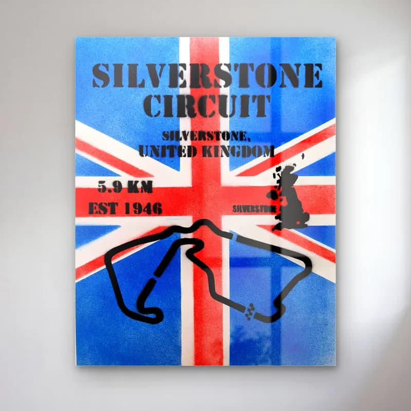Grafiti Silverstone Union Jack cam tablo — İngiltere bayrağı üzerinde siyah Silverstone Circuit pist çizimi