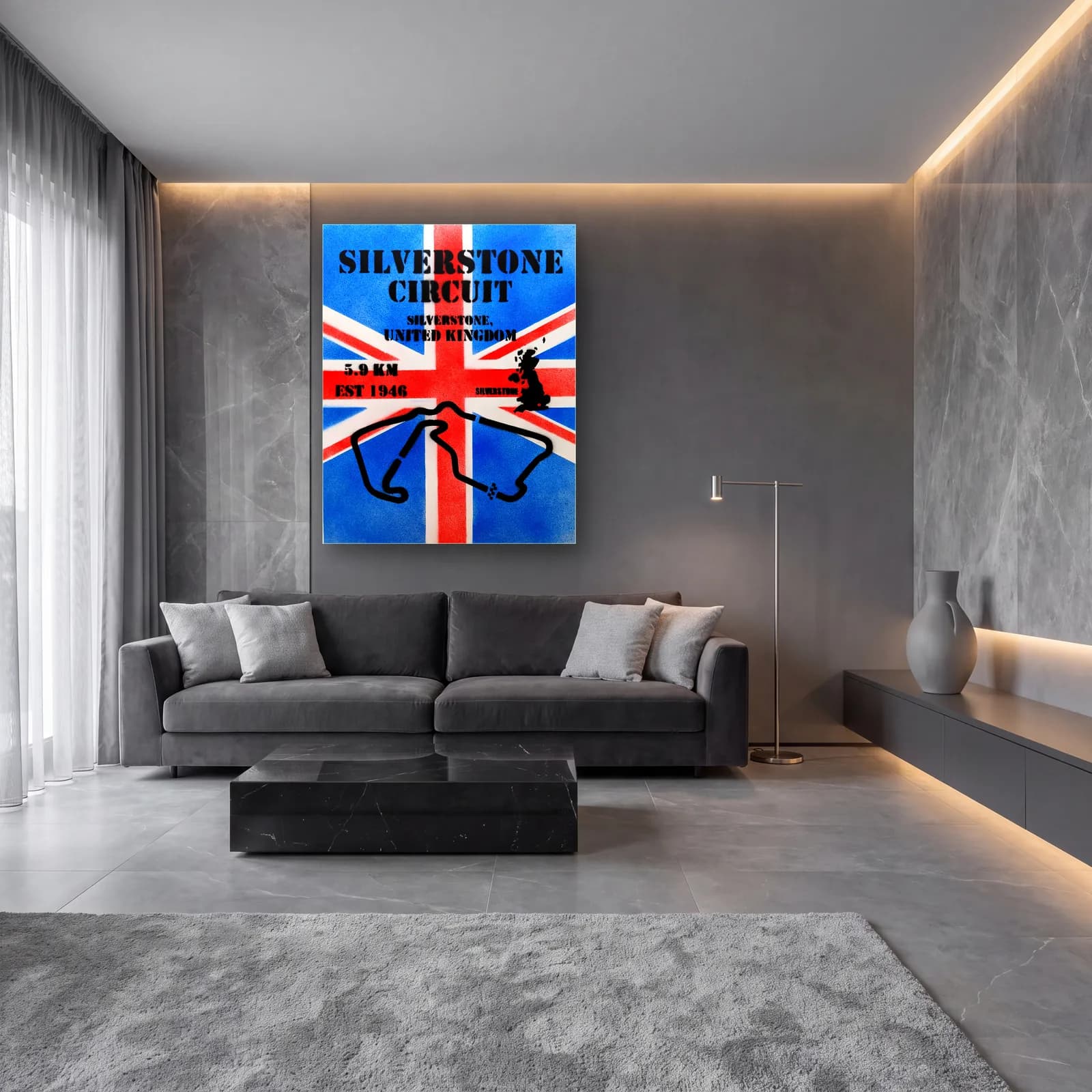 Grafiti Silverstone Union Jack cam tablo — lüks salon duvarında