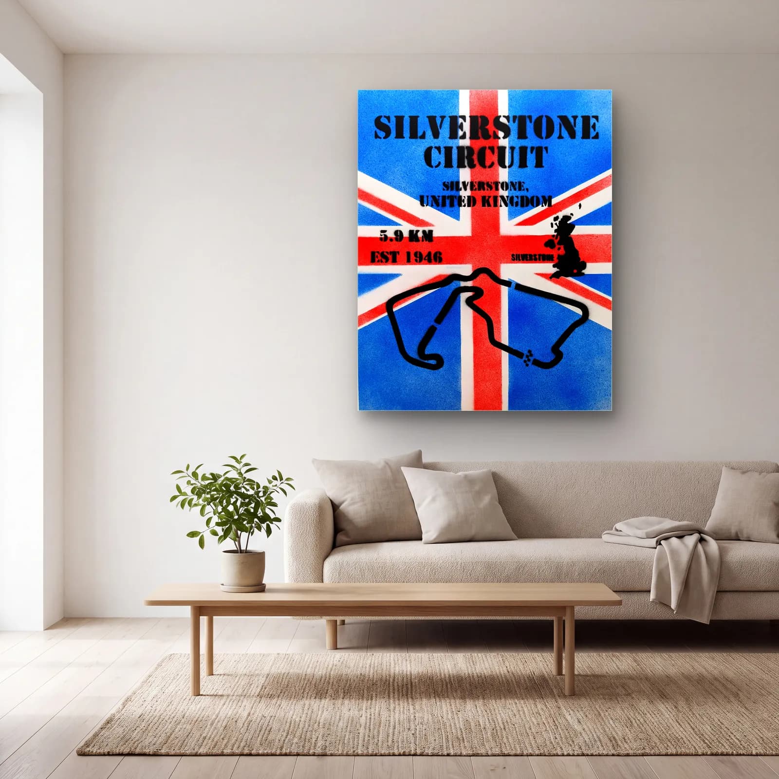 Grafiti Silverstone Union Jack cam tablo — açık renk salonda