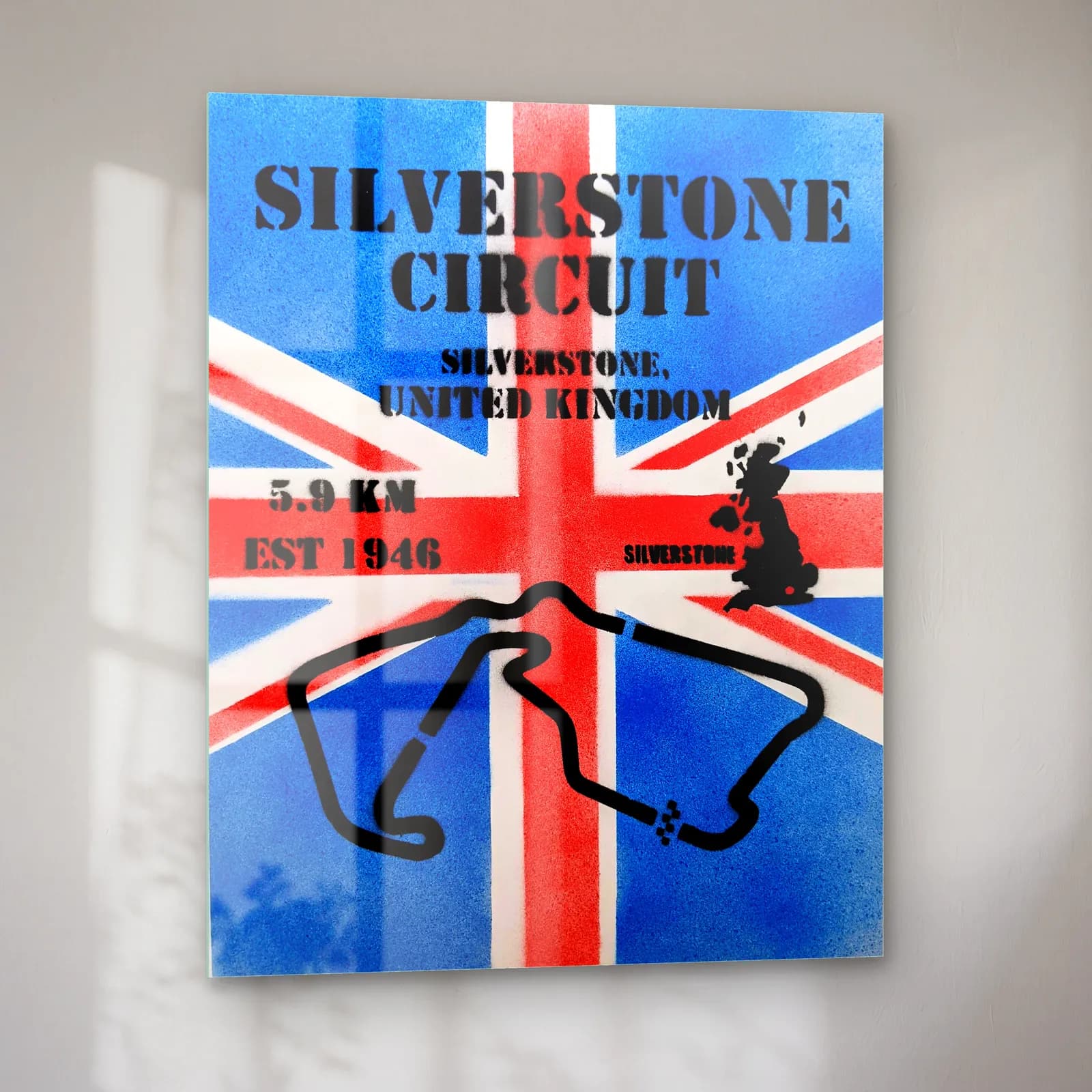 Grafiti Silverstone Union Jack cam tablo — sol açıdan görünüm