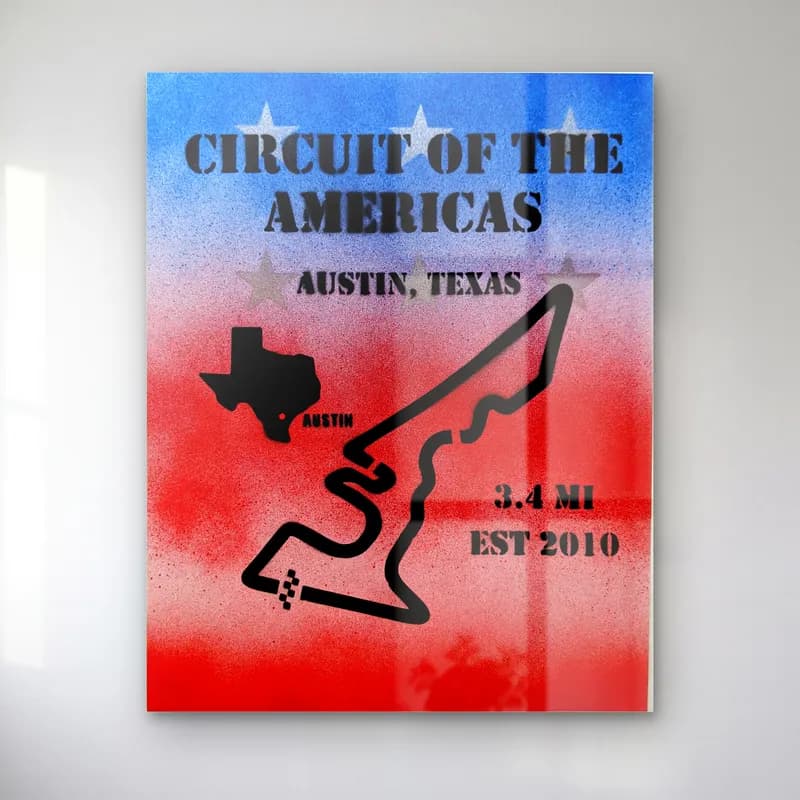 Grafiti Circuit Of The Americas cam tablo — Mavi yıldızlı kırmızı sprey boya zeminde siyah Circuit of the Americas pist çizimi