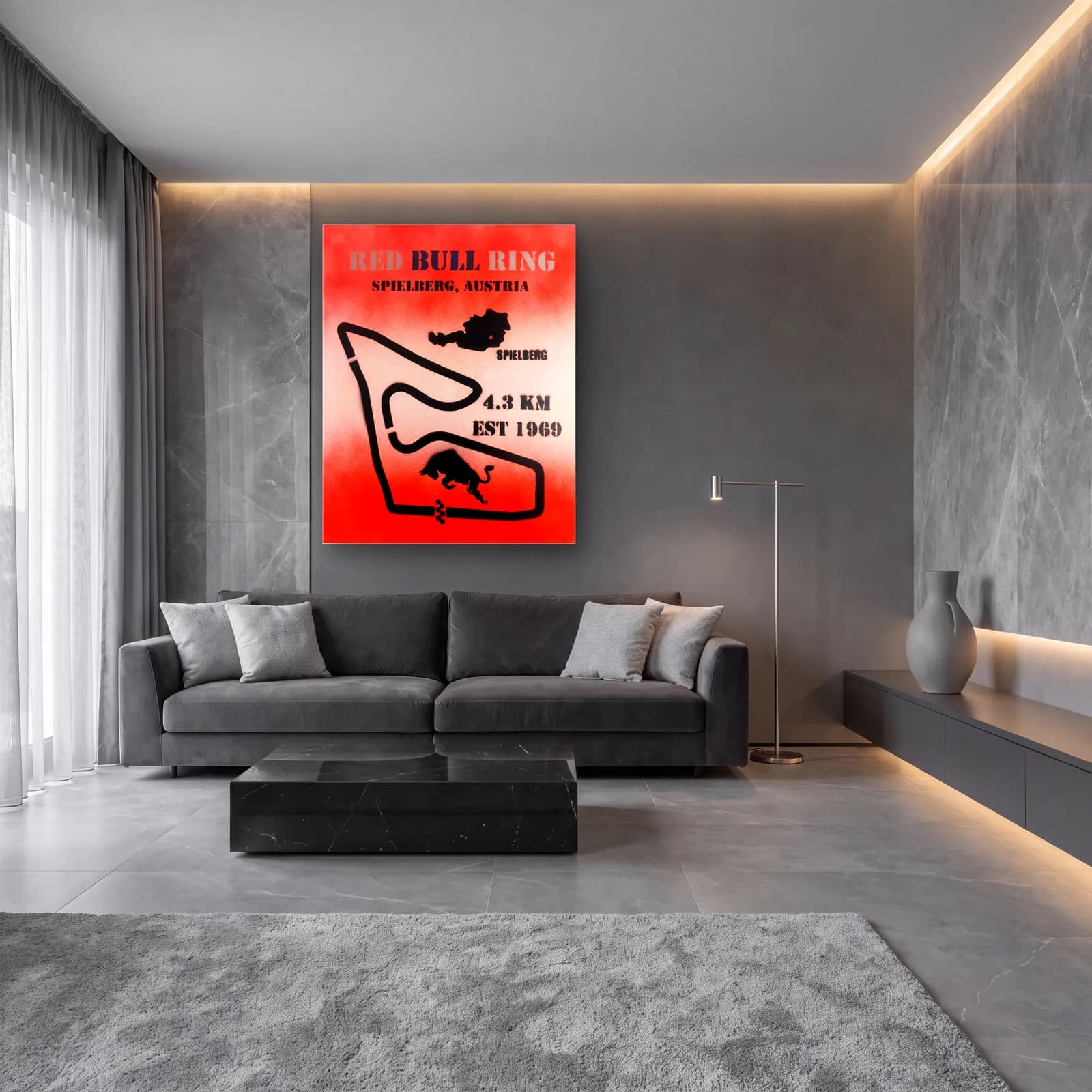 Grafiti Red Bull Ring cam tablo — lüks salon duvarında