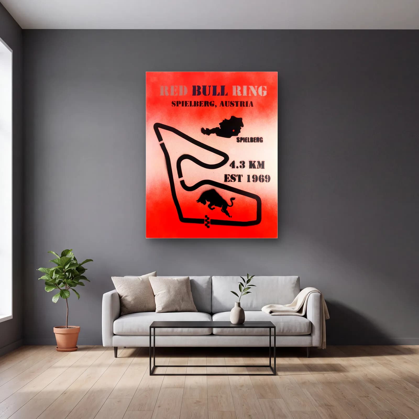Grafiti Red Bull Ring cam tablo — gri duvarlı salonda