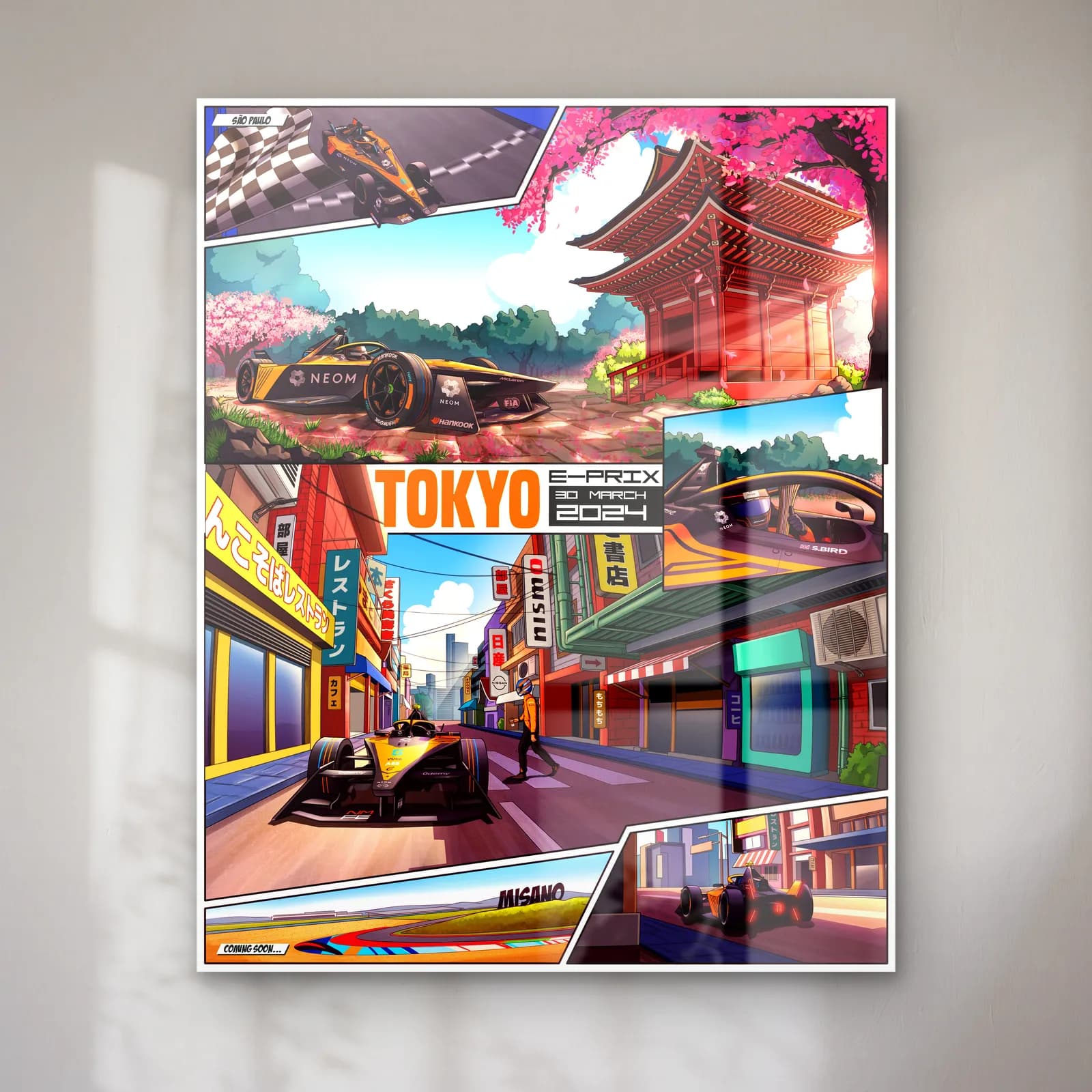 Tokyo E-Prix Çizgi Roman Posteri cam tablo — Çizgi roman panellerinde Tokyo sokakları, pagoda ve yarış aracı çizimleri