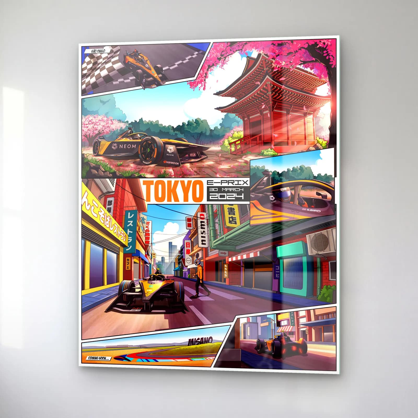 Tokyo E-Prix Çizgi Roman Posteri cam tablo — sağ açıdan görünüm