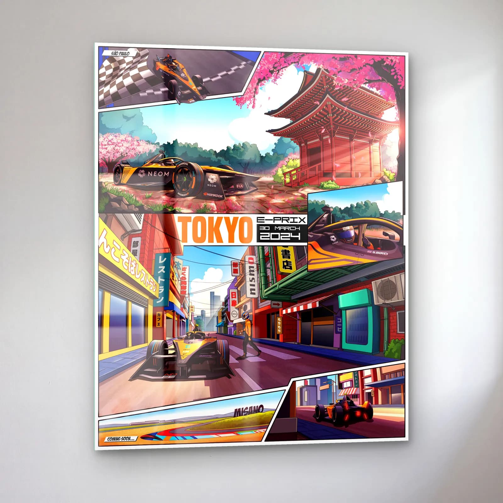 Tokyo E-Prix Çizgi Roman Posteri cam tablo — sol açıdan görünüm
