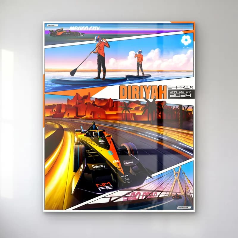 Diriyah E-Prix Kolaj Posteri cam tablo — Kürek sörfü, çöl şehri ve pistte yarış aracı içeren renkli kolaj panelleri