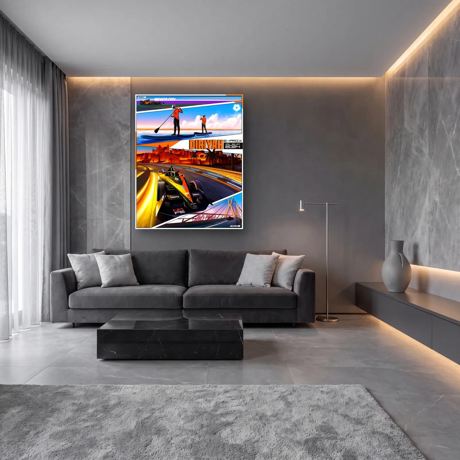 Diriyah E-Prix Kolaj Posteri cam tablo — lüks salon duvarında