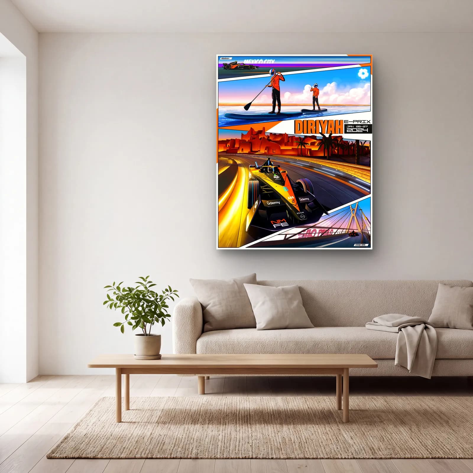 Diriyah E-Prix Kolaj Posteri cam tablo — açık renk salonda