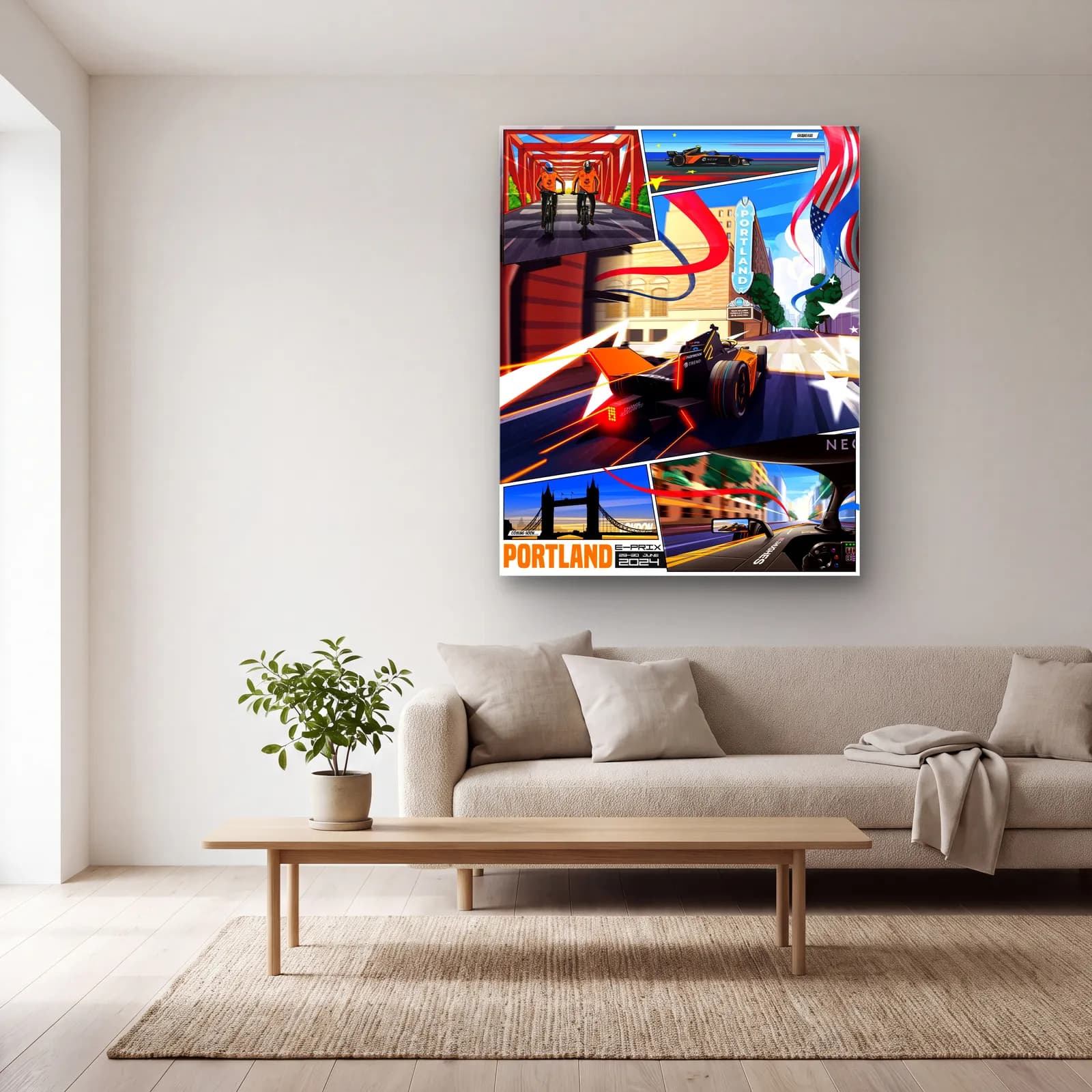 Portland E-Prix Kolaj Posteri cam tablo — açık renk salonda
