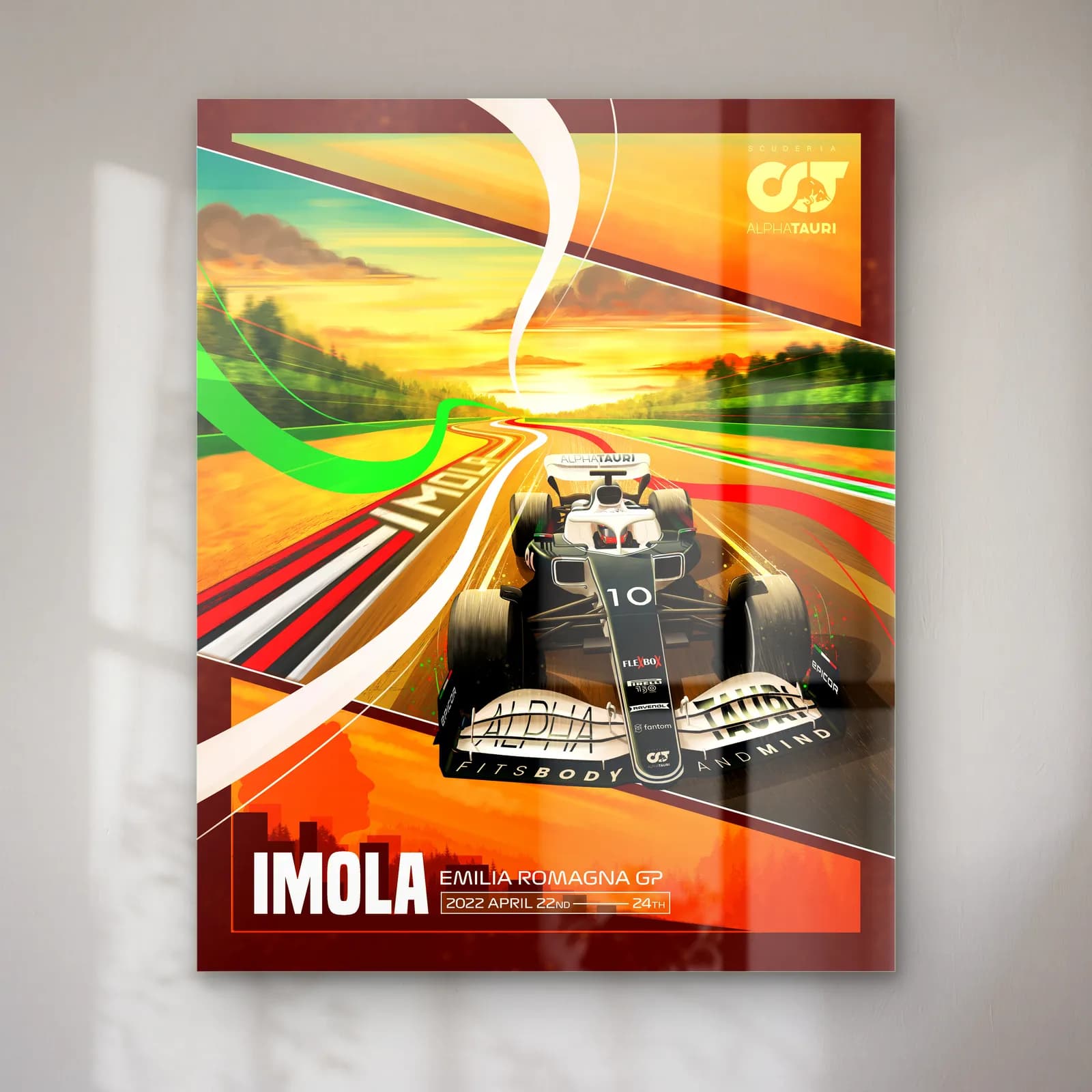 Imola Emilia Romagna GP Posteri cam tablo — Turuncu gökyüzü altında Imola pistinde ilerleyen beyaz lacivert Formula 1 aracı