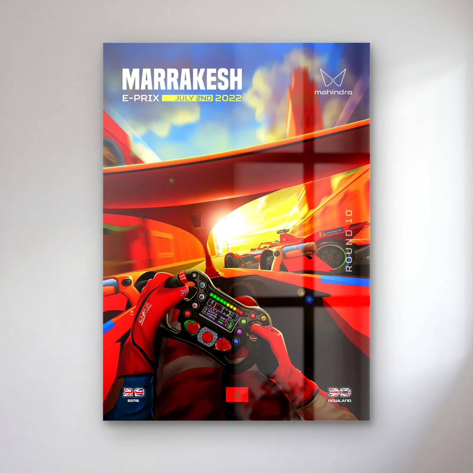 Marrakesh E-Prix Kokpit Posteri cam tablo — Kırmızı eldivenli pilotun kokpitten görünen direksiyonu ve Marakeş pisti