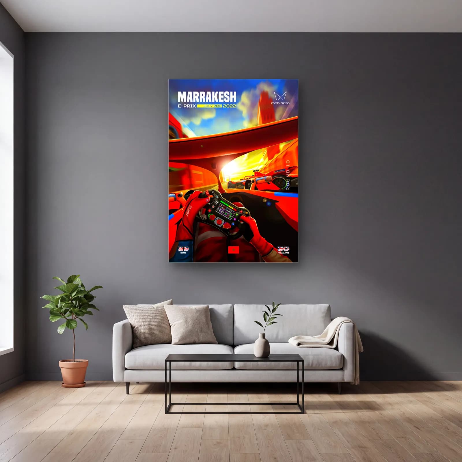 Marrakesh E-Prix Kokpit Posteri cam tablo — gri duvarlı salonda