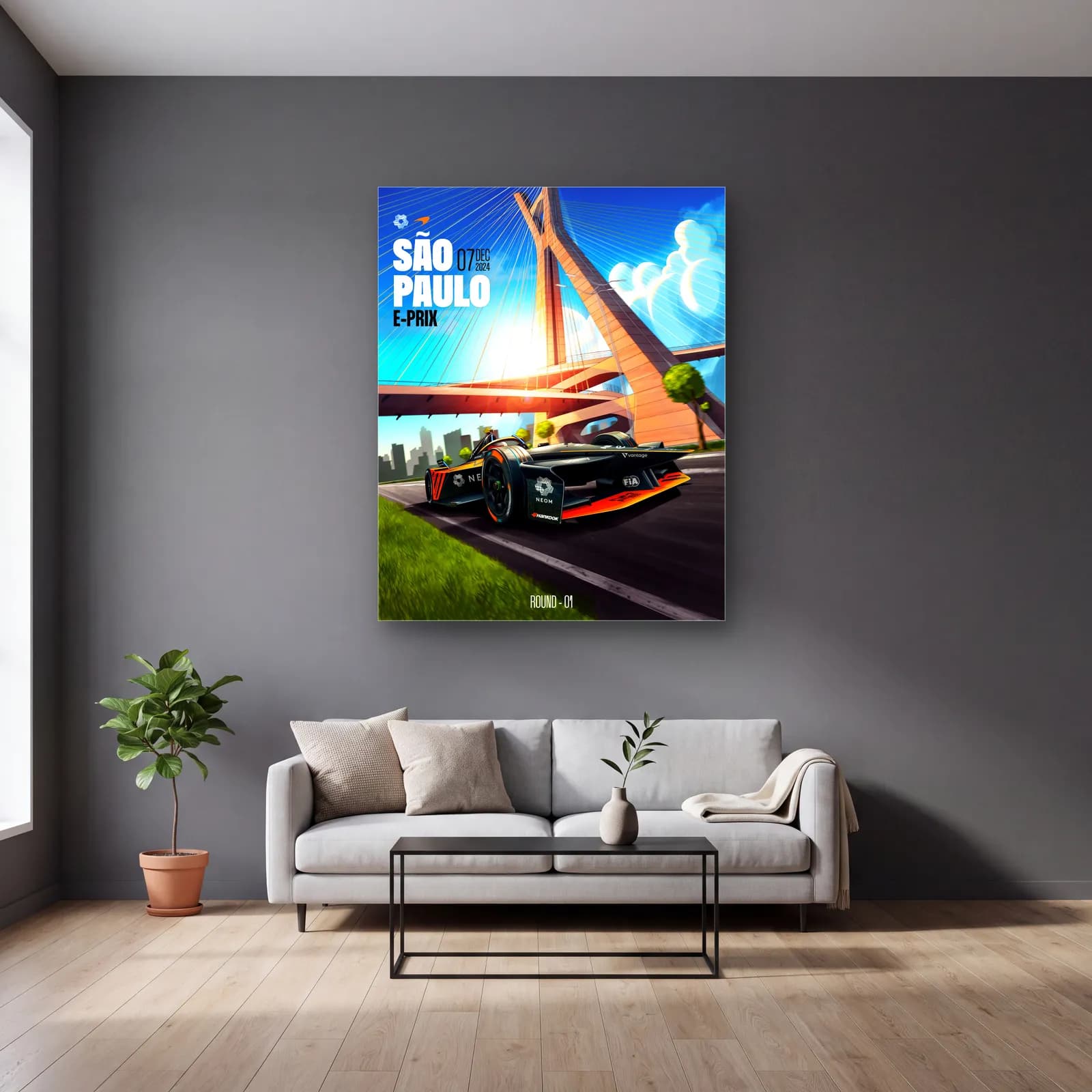 São Paulo E-Prix Köprü Posteri cam tablo — gri duvarlı salonda