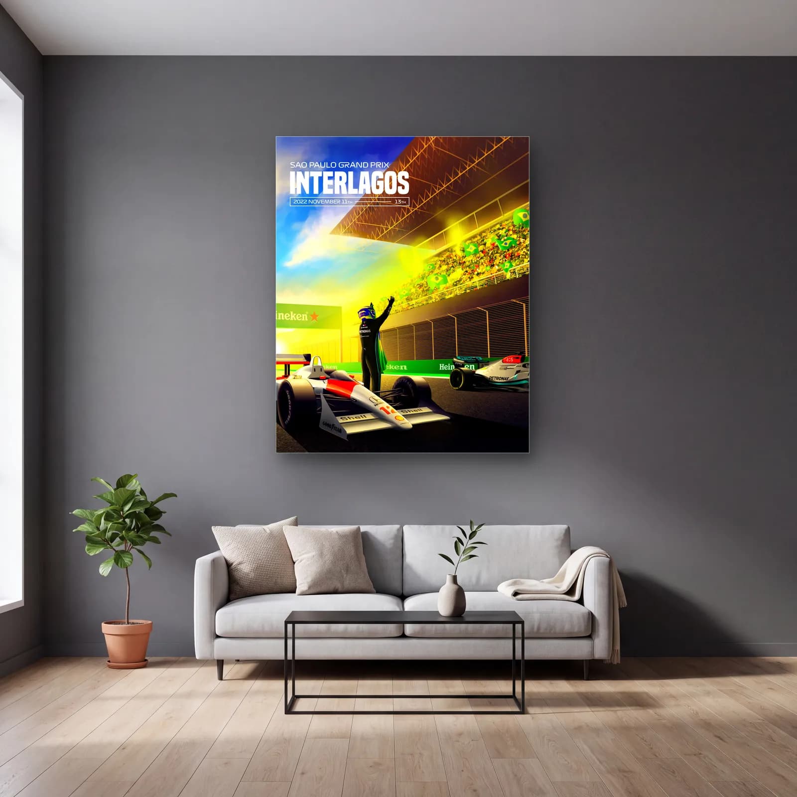 Interlagos São Paulo GP Posteri cam tablo — gri duvarlı salonda