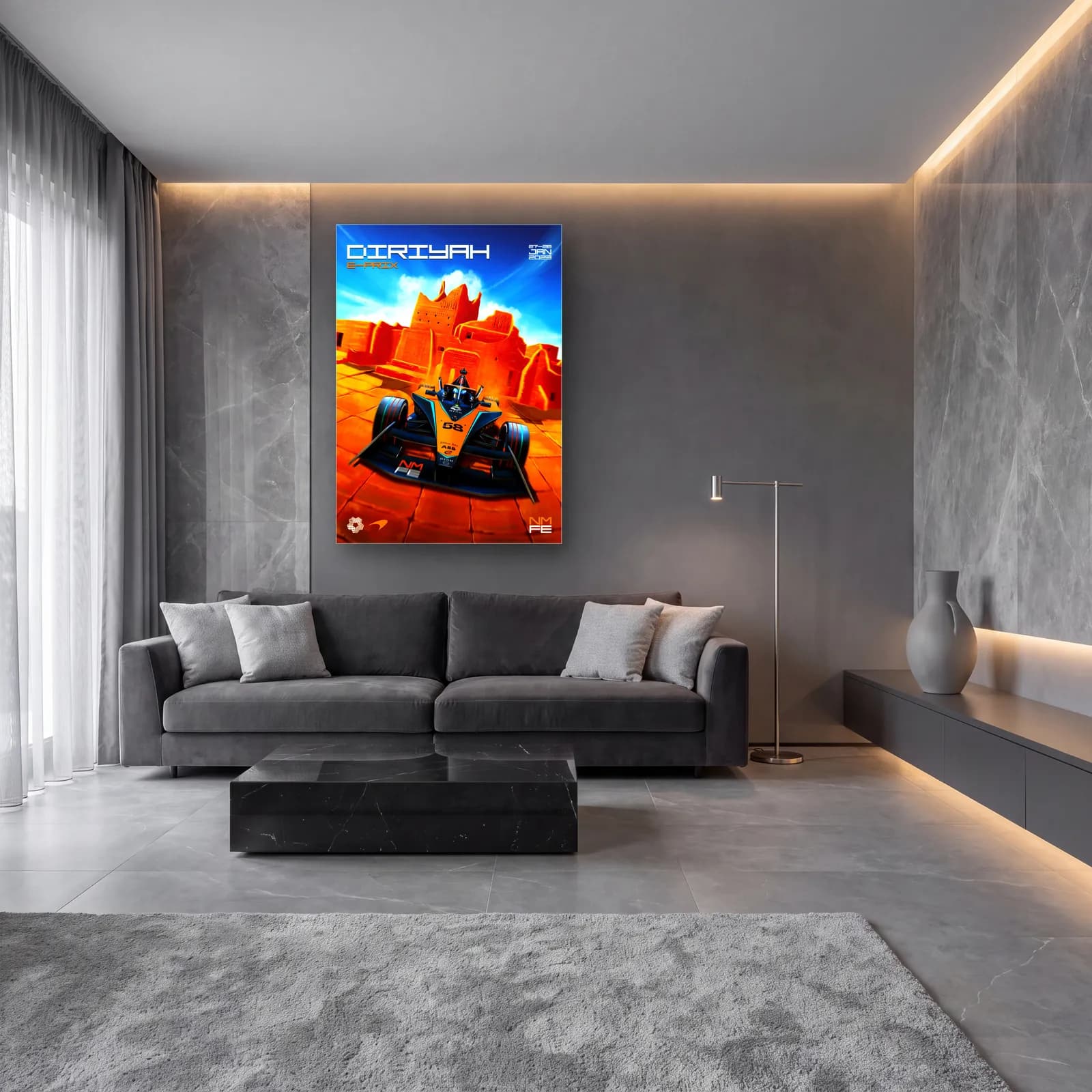 Diriyah E-Prix Posteri cam tablo — lüks salon duvarında