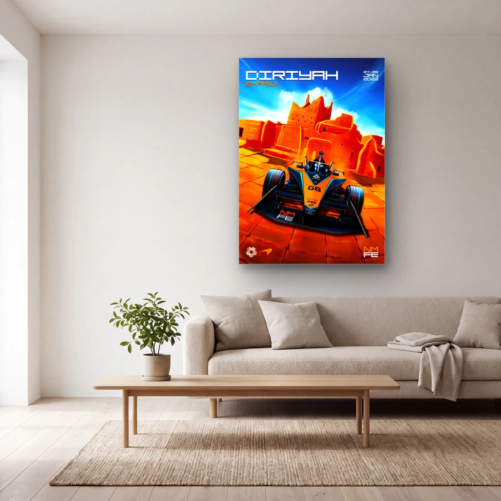 Diriyah E-Prix Posteri cam tablo — açık renk salonda
