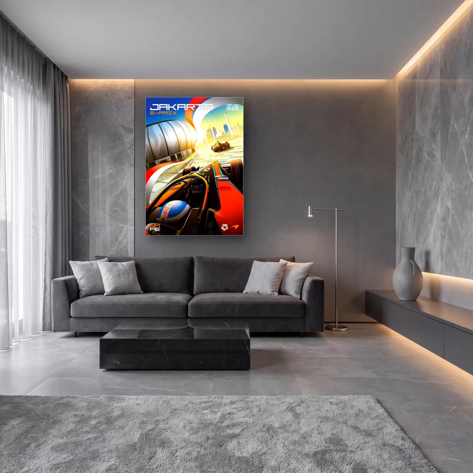 Jakarta E-Prix Kokpit Posteri cam tablo — lüks salon duvarında