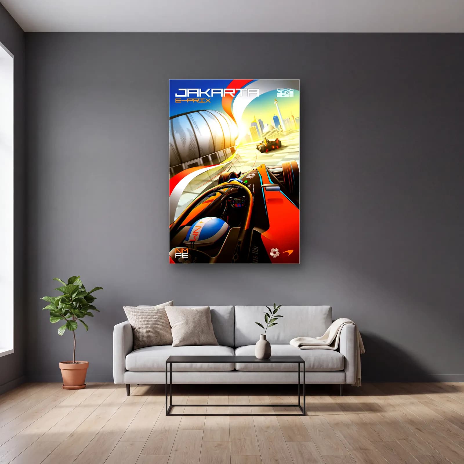 Jakarta E-Prix Kokpit Posteri cam tablo — gri duvarlı salonda
